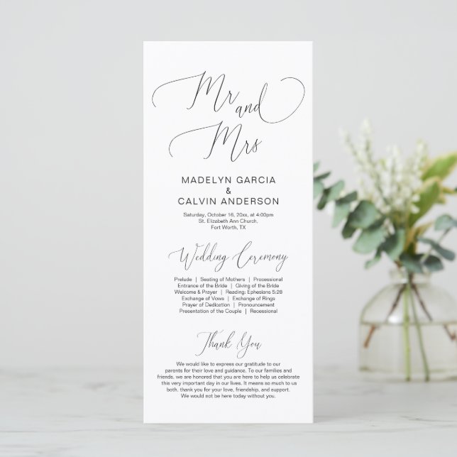 Mr and Mrs, modern classy Wedding Ceremony Program (Standing Front)
