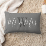 Mr And Mrs Modern Grey White Keepsake Monogram Lumbar Pillow<br><div class="desc">Surprise a newly married couple with this Mr. And Mrs. Modern Grey White Keepsake Monogram Lumbar Pillow. It is an elegant design with a light grey background. The center has bride and groom's last name monogram letter in dark grey. The text is "Mr. and Mrs." in white trendy handwritten script...</div>