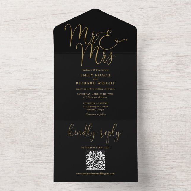 Mr And Mrs Modern QR Code Black And Gold Wedding All In One Invitation (Inside)