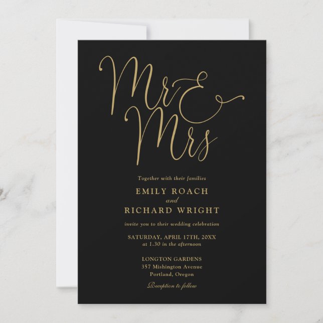 Mr And Mrs Modern QR Code Black And Gold Wedding Invitation (Front)