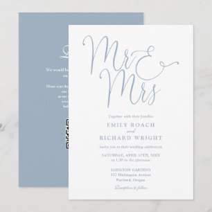 Mr And Mrs Modern QR Code Dusty Blue Wedding Invitation