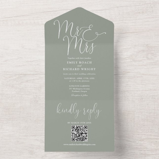 Mr And Mrs Modern QR Code Sage Green Wedding All In One Invitation (Inside)