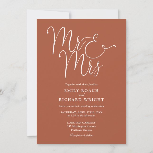 Mr And Mrs Modern QR Code Terracotta Wedding Invitation (Front)