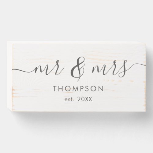 Mr and Mrs Modern Script Custom Name Chic Wedding Wooden Box Sign