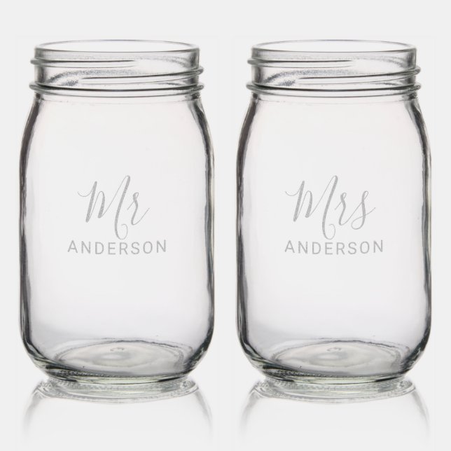 Mr and Mrs | Modern Script Personalized Name Mason Jar (Glassware)