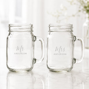 Mr and Mrs Modern Script Personalized Name Mason Jar W/ Handle