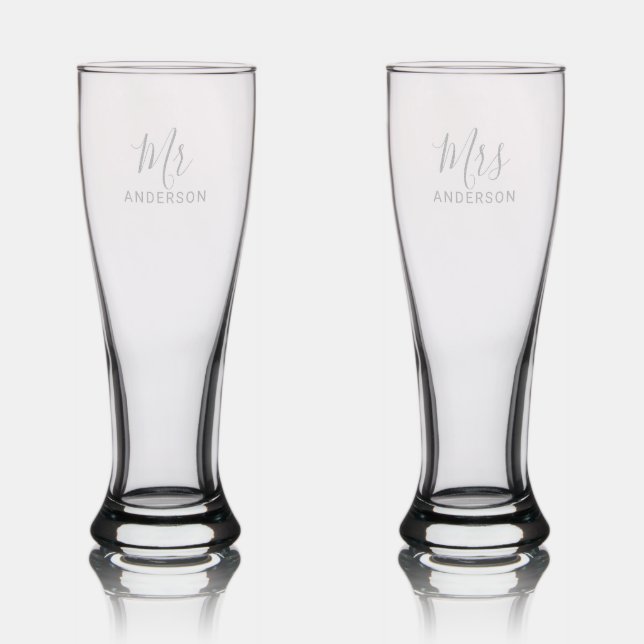 Mr and Mrs | Modern Script Personalized Name Pilsner Glass (Glassware)