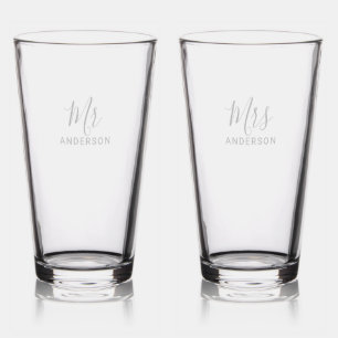 Mr and Mrs Modern Script Personalized Name Pint Glass
