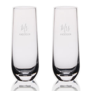 Mr and Mrs | Modern Script Personalized Name Stemless Champagne Flute