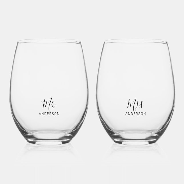 Mr and Mrs | Modern Script Personalized Stemless Wine Glass (Front)