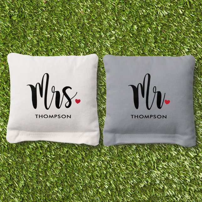 Mr and Mrs Modern Script Personalized Wedding Cornhole Bags (Grass)