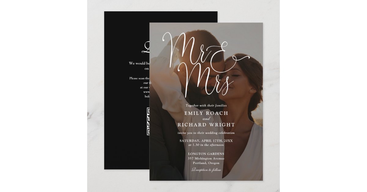 Mr And Mrs Modern Script QR Code Photo Wedding Invitation | Zazzle