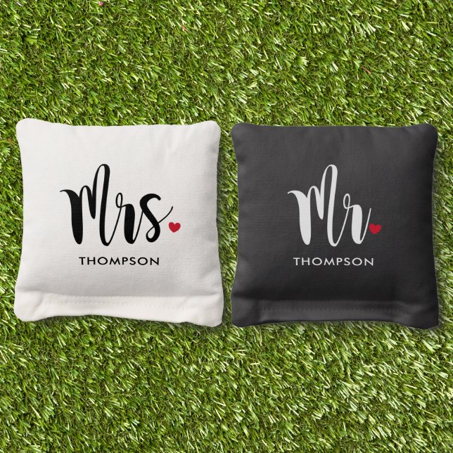 Mr and Mrs Modern Script Wedding Custom Cornhole Bags (Grass)