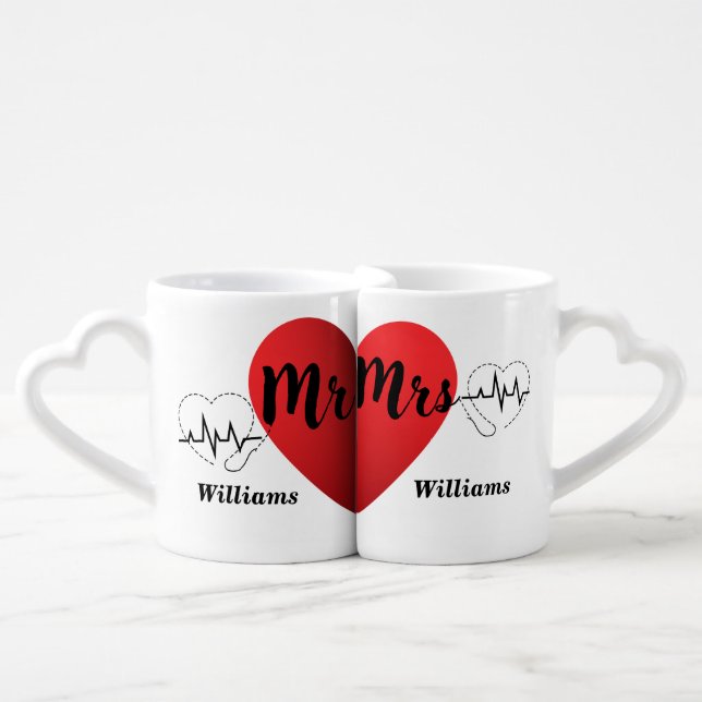 Mr and Mrs  Modern Script Wedding Monogram  Coffee Mug Set (Front Nesting)