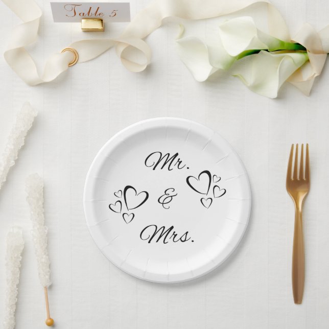 Mr and Mrs Modern Script White Wedding  Paper Plates (Wedding)