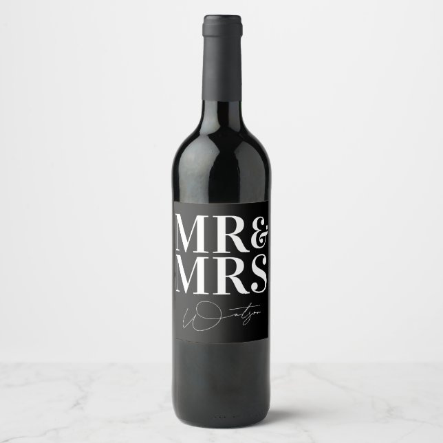 Mr and Mrs Modern Simple Black Wedding Wine Label (Front)