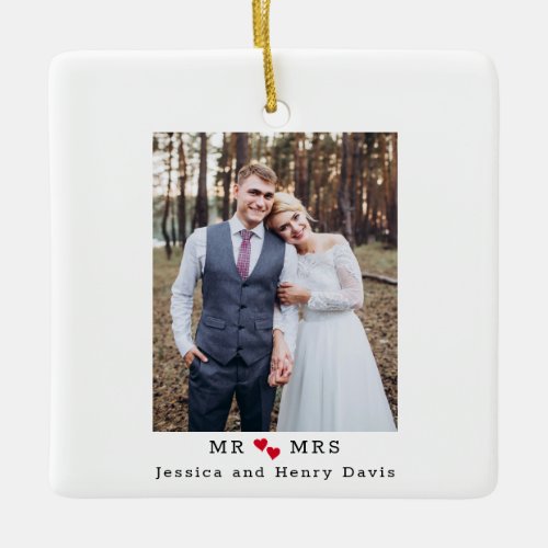 Mr and Mrs Modern Typewriter Font Red Hearts Photo Ceramic Ornament