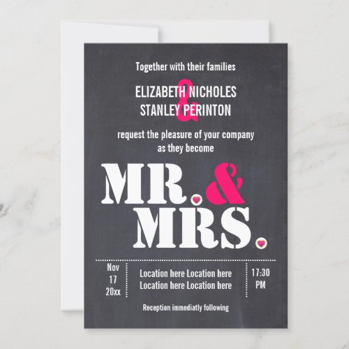 Mr and Mrs Modern typography black pink wedding Invitation