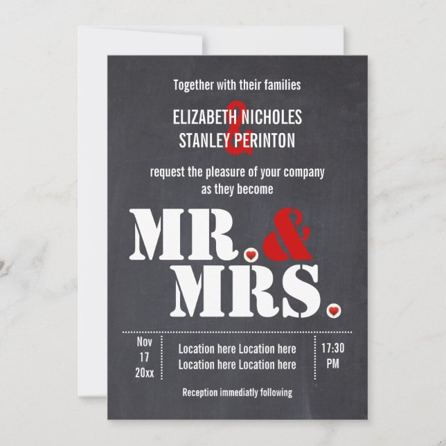Mr. and Mrs. Modern typography black red wedding Invitation (Front)