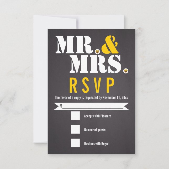 Mr. and Mrs. Modern typography black, yellow RSVP (Front)