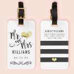 Mr and Mrs Monogram Black Gold Wedding Newlywed Luggage Tag<br><div class="desc">Stylish travel luggage bags for the new Mr and Mrs feature a modern script design with heart and scroll accents,  bold black and white stripes,  and custom text on the front and back sides. Personalize with your married name and personal contact information.</div>
