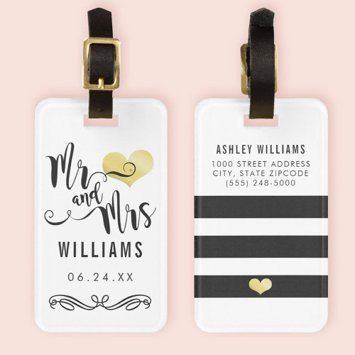 Mr and Mrs Monogram Black Gold Wedding Newlywed Luggage Tag