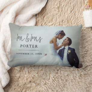 Mr. and Mrs. Monogram Wedding Photo Lumbar Pillow