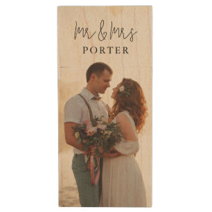 Mr. and Mrs. Monogram Wedding Photo USB Wood Flash Drive