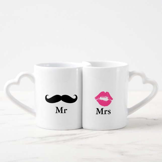 Mr and Mrs- Mustache and Lipstick Coffee Mug Set (Front Nesting)