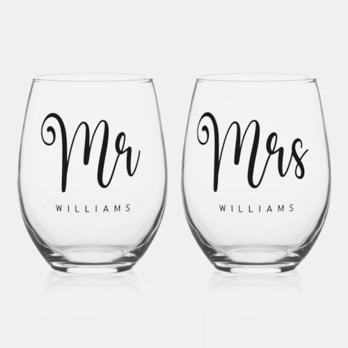 Mr and Mrs name calligraphy cute script wedding Stemless Wine Glass