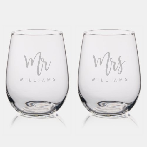 Mr and Mrs name calligraphy script wedding etched Stemless Wine Glass