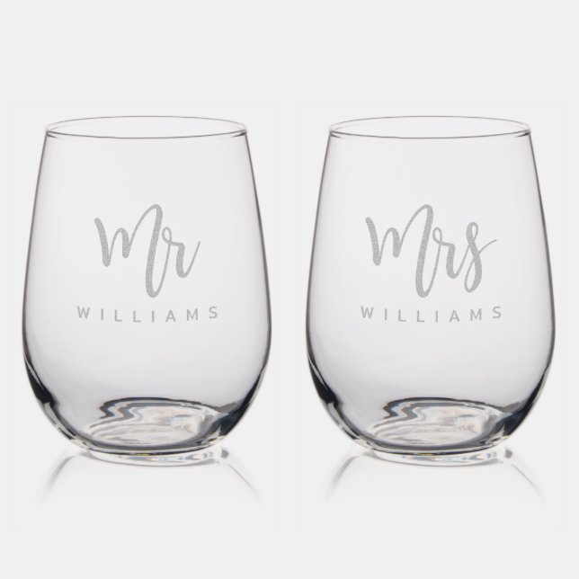Mr and Mrs name calligraphy script wedding etched Stemless Wine Glass (Glassware)