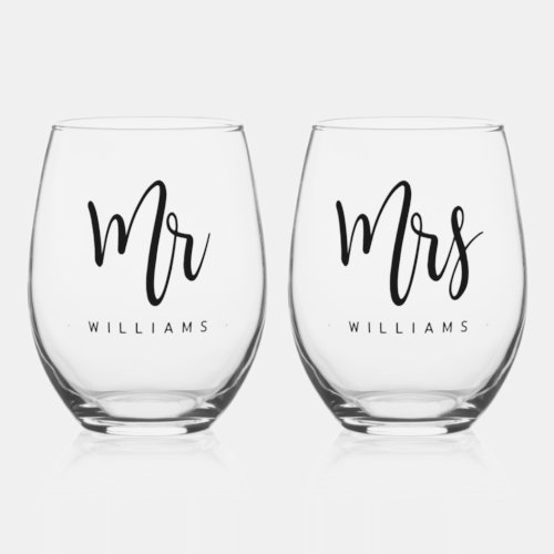Mr and Mrs name calligraphy script wedding Stemless Wine Glass