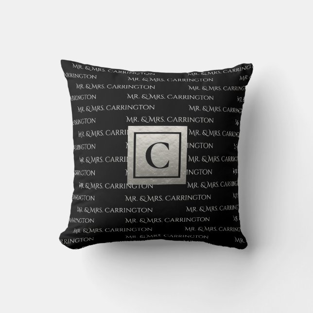 Mr. And Mrs. Name Monogram Black White Throw Pillow (Front)
