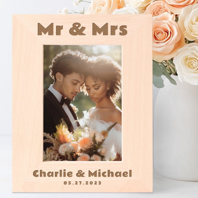 Mr and Mrs names date retro font wedding Engraved Frames (Mr and Mrs names date retro font wedding Etched Frames)