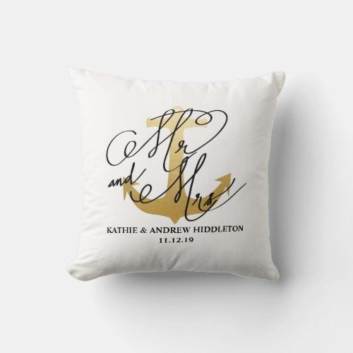 Mr And Mrs Nautical Anchor Faux Gold Foil Wedding Throw Pillow