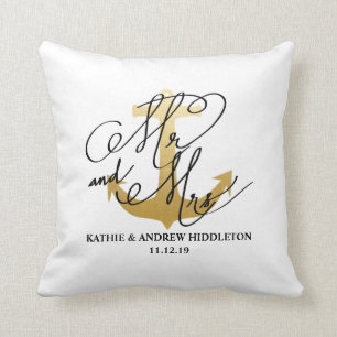 Mr And Mrs Nautical Anchor Faux Gold Foil Wedding Throw Pillow