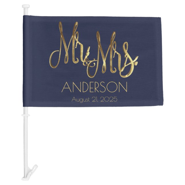 Mr. and Mrs. Navy Blue Faux Gold Foil Name Date Car Flag (Front)