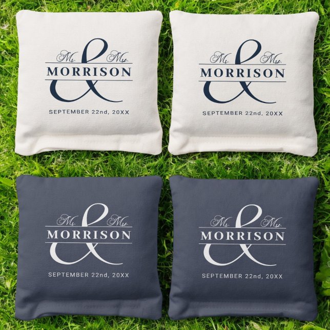 Mr. and Mrs. Navy Blue Monogram Wedding  Cornhole Bags (Creator Uploaded)