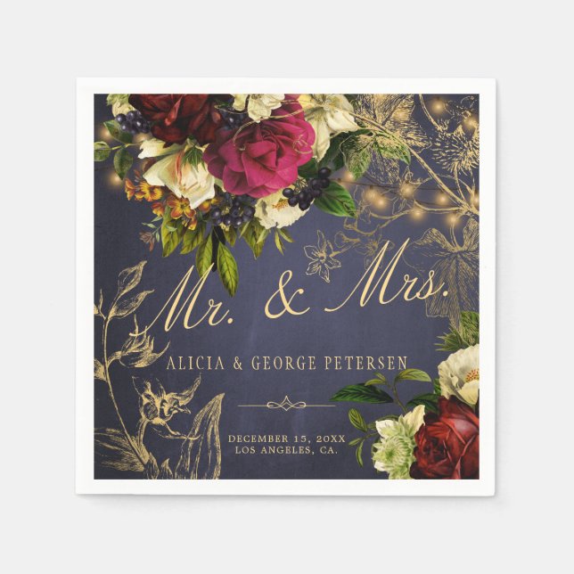 Mr and Mrs navy burgundy gold typography wedding Napkins (Front)