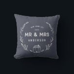 Mr and Mrs new home tartan backer Throw Pillow<br><div class="desc">Mr and Mrs new home or newly wed cushion. Hand drawn floral and little house details. Tartan check backer background color can be altered.</div>