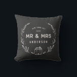 Mr and Mrs new home Throw Pillow<br><div class="desc">Mr and Mrs new home or newly wed cushion. Hand drawn floral and little house details. Background color can be altered.</div>