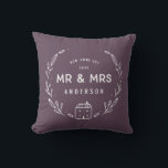 Mr and Mrs new home Throw Pillow<br><div class="desc">Mr and Mrs new home or newly wed cushion. Hand drawn floral and little house details. Background color can be altered.</div>