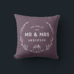 Mr and Mrs new home Throw Pillow<br><div class="desc">Mr and Mrs new home or newly wed cushion. Hand drawn floral and little house details. Background color can be altered.</div>