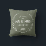 Mr and Mrs new home Throw Pillow<br><div class="desc">Mr and Mrs new home or newly wed cushion. Hand drawn floral and little house details. Background color can be altered.</div>