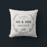 Mr and Mrs new home Throw Pillow<br><div class="desc">Mr and Mrs new home or newly wed cushion. Hand drawn floral and little house details. Background color can be altered.</div>