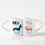 Mr and Mrs Newly Wed Dachshund Dog Cute Coffee Mug Set<br><div class="desc">A cute wedding gift keepsake mug for that special newlywed couple or a fabulous anniversary memento. Featuring sweet Bride and Groom Dachshund sausage dogs in pink and blue and stylish Mr and Mrs script. The same design repeats on the front and the back of the mugs. Easily change the names...</div>