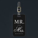 Mr. and Mrs. newly wed luggage tag<br><div class="desc">A modern,  fun luggage tag featuring large Mr. and Mrs. text and family name below in a mix of gender specific fonts. Perfect for newly weds and honeymooners.</div>