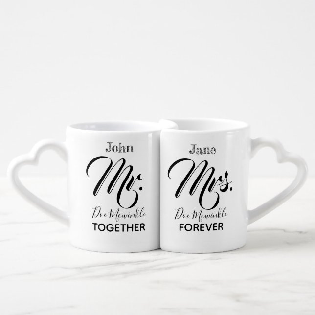 Mr. and Mrs. Newlywed Couple Elegant Wedding Coffee Mug Set (Front Nesting)