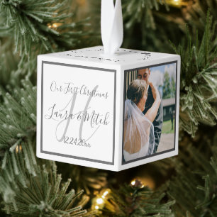 Mr and Mrs Newlywed Custom 3 Photo Grid   Cube Orn Ornament
